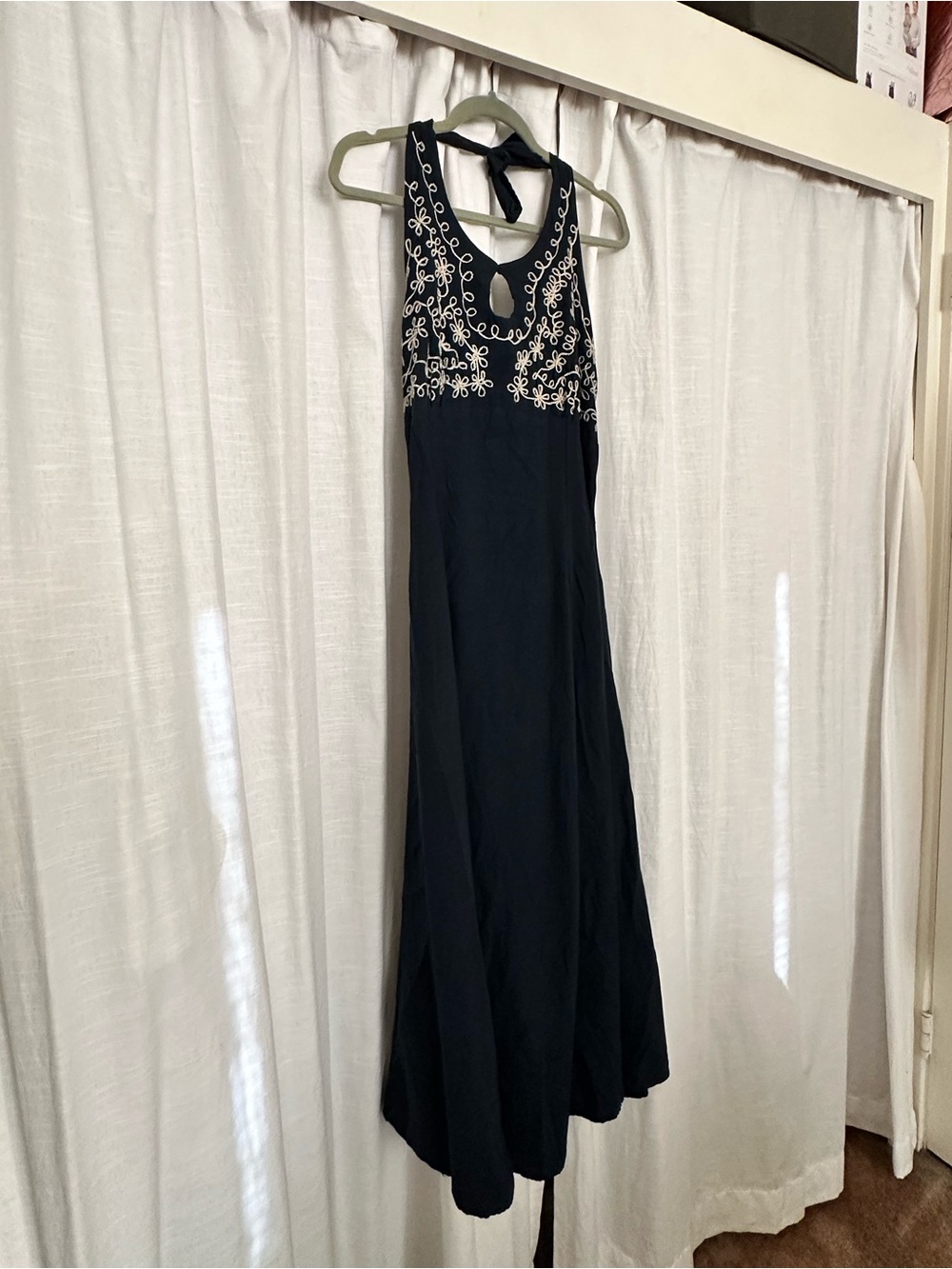 Blue maxi Halter dress with white floral embroidery